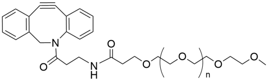DBCO-mPEG 30KDa，dbco的pegy消融试剂通过一个无铜的“点击化学”反应与azides反应，形成一个稳定的三氮唑，不需要铜催化剂或高温